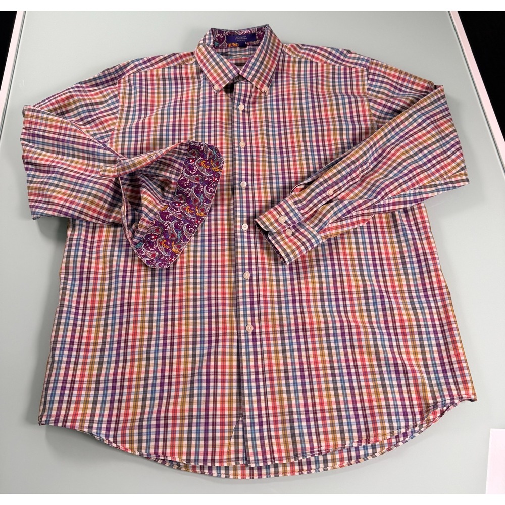 Alan Flusser Shirt Mens LG Plaid Contrasting Cuff 100% Cotton Button Down Casual